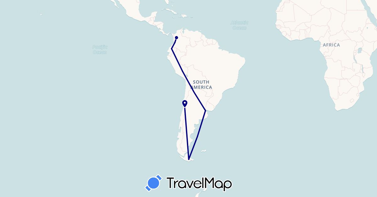 TravelMap itinerary: driving in Argentina, Chile, Colombia, Ecuador, Peru (South America)